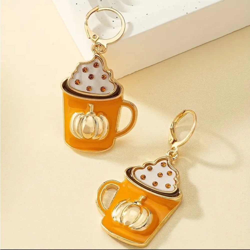 🎃 Pumpkin Spice Latte Coffee Cup Rhinestone Dangle Earrings NWT